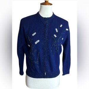 Vintage Miles Sweaters Lambswool dark blue cardigan sweater with beading